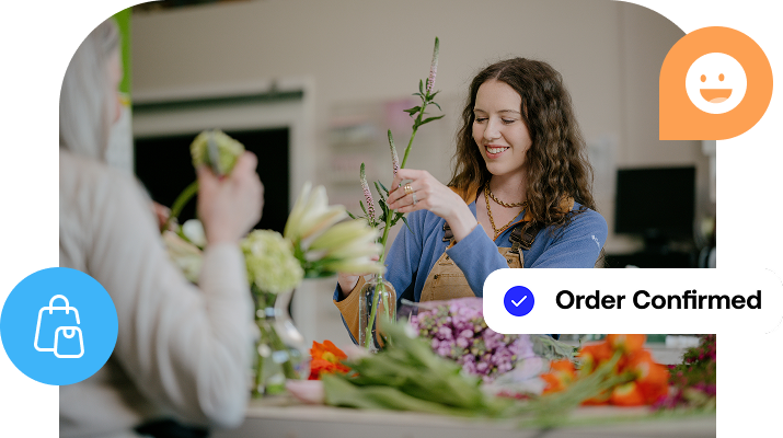 Marketplace hero image showing a florist arranging flowers with shopping and order confirmation icons.
